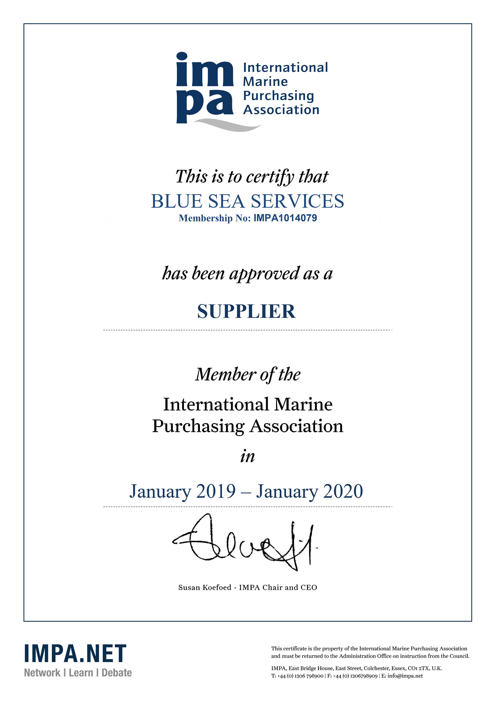 BLUE SEA SERVICES Membership Certificate